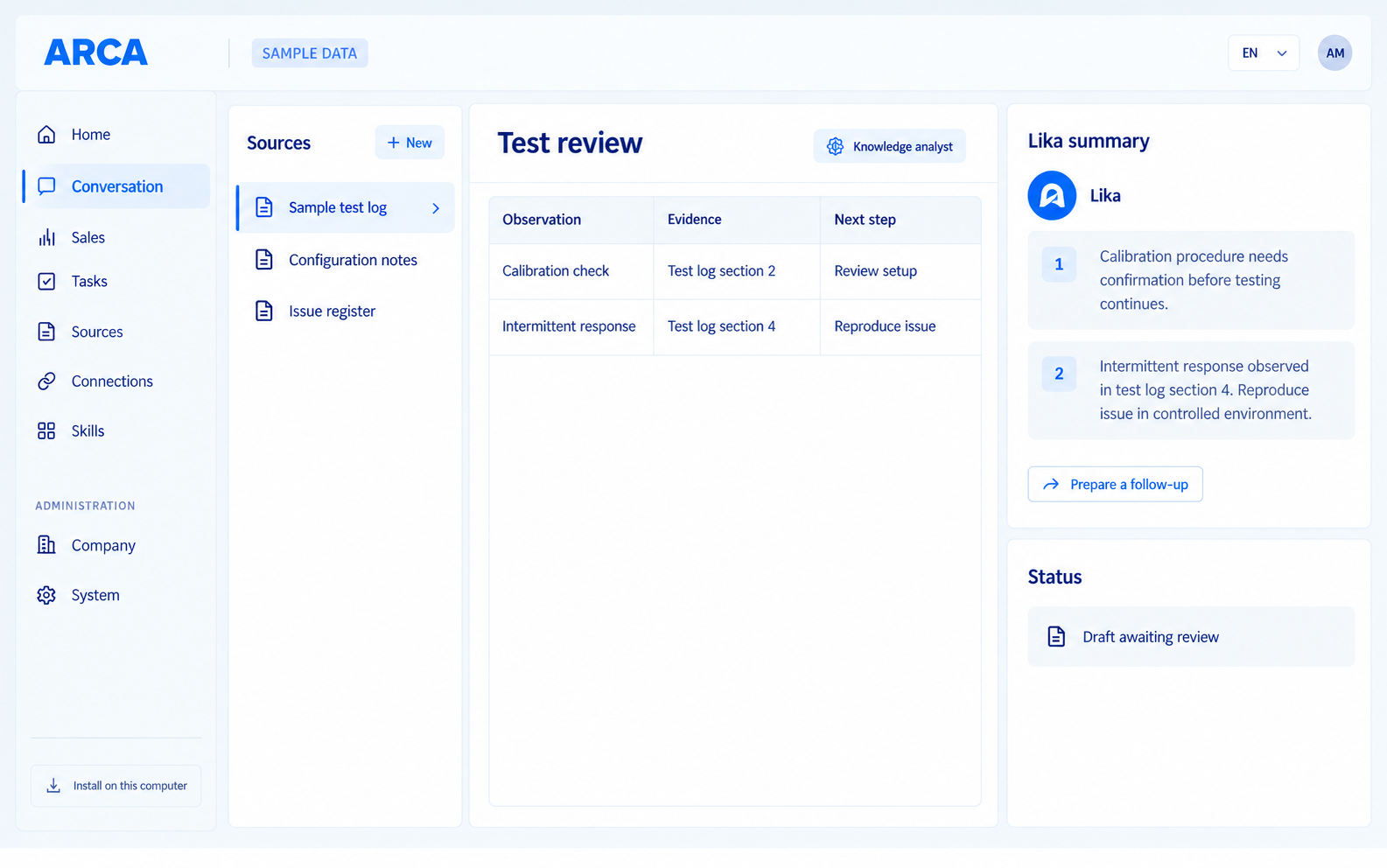 From test log to engineering review, concept interface